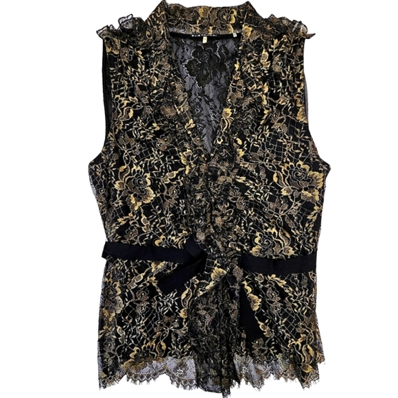 Nwot Elie Tahari Black/Gold Floral Lace Sleeveless Ruffled Accent Top - Picture 3 of 16